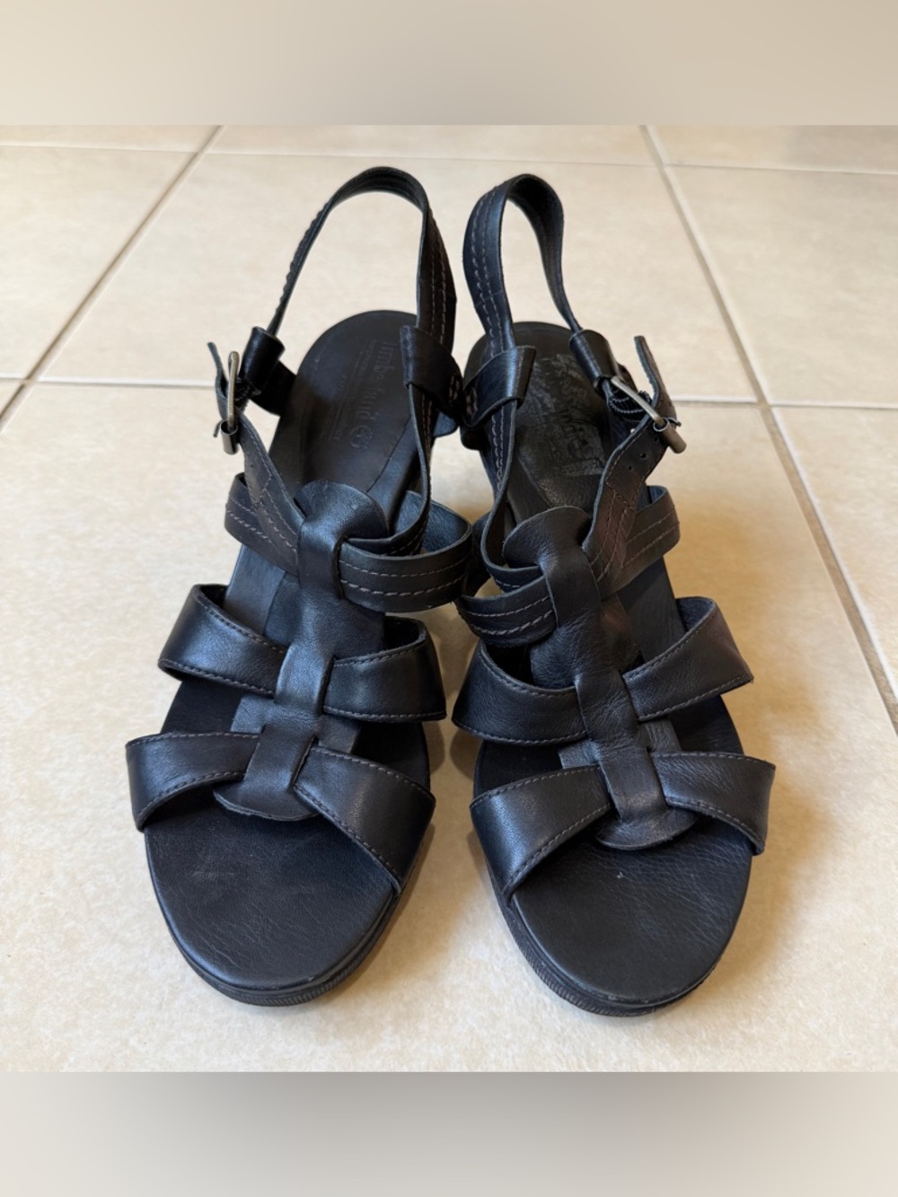 Ladies Timberland Anti Fatigue Black Leather Platform Sandals/ Clogs Size 9